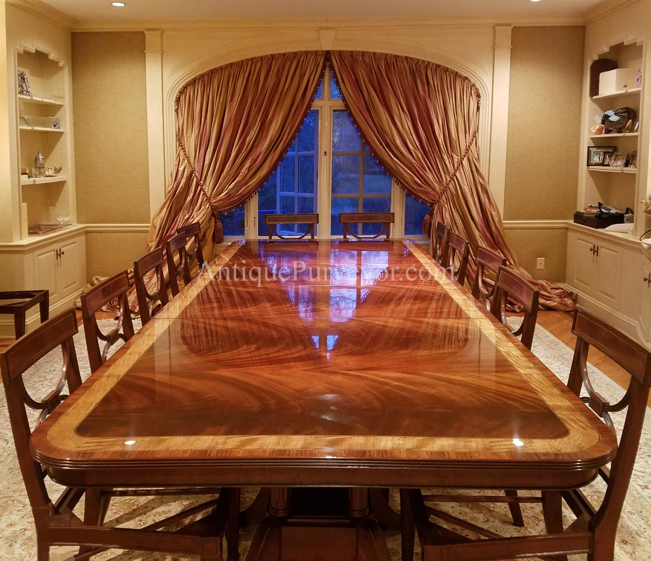High-end traditional mahogany dining table seats 8 to 16 people