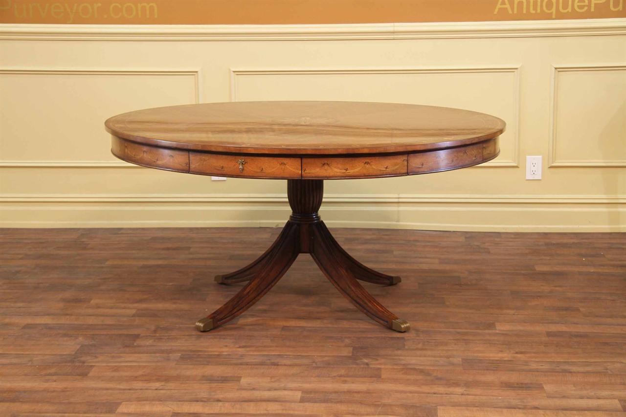 62 inch round satinwood dining table with floral inlays