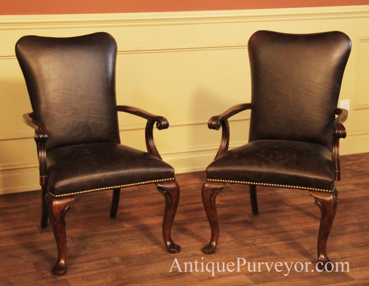 Queen Anne Leather Arm Chairs with Camel Back and Brass Nail Trim