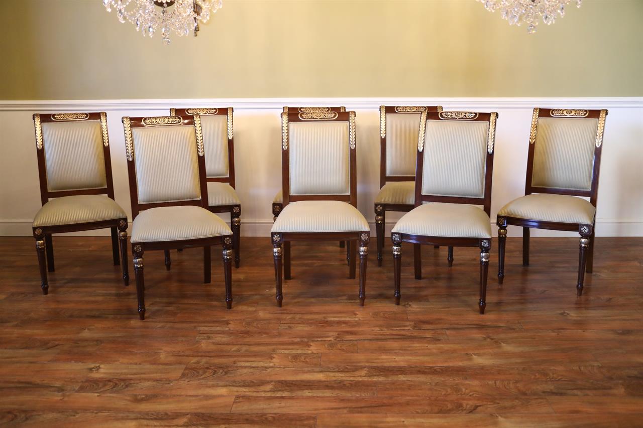 Set of 8 Mahogany Dining Room Chairs with Gold Accents