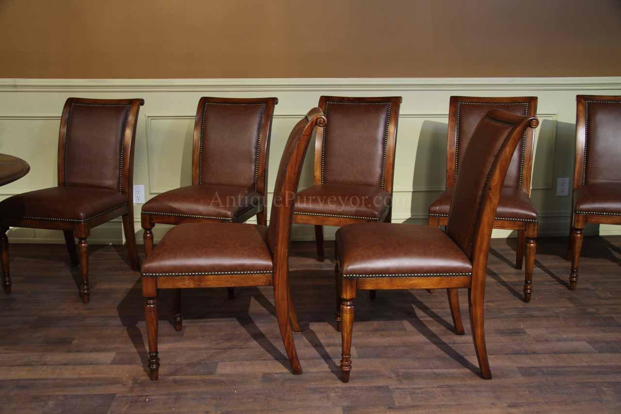 Solid Walnut Leather Upholstered Regency Style Dining Chairs | Brass