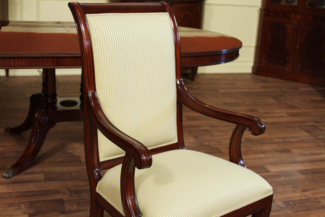 Tall solid mahogany regency style dining chairs with pinstripe fabric