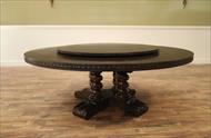 Rustic oak table with carved sturdy base in a walnut finish.