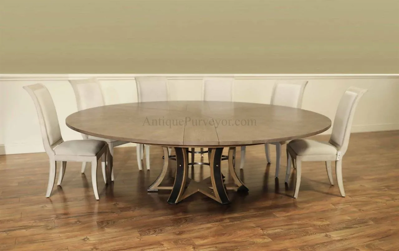 Modern or transitional Jupe table.  82 to 100 inch round to round expanding dining table with self-storing leaves seats 12 an AP Exclusive by AntiquePurveyor