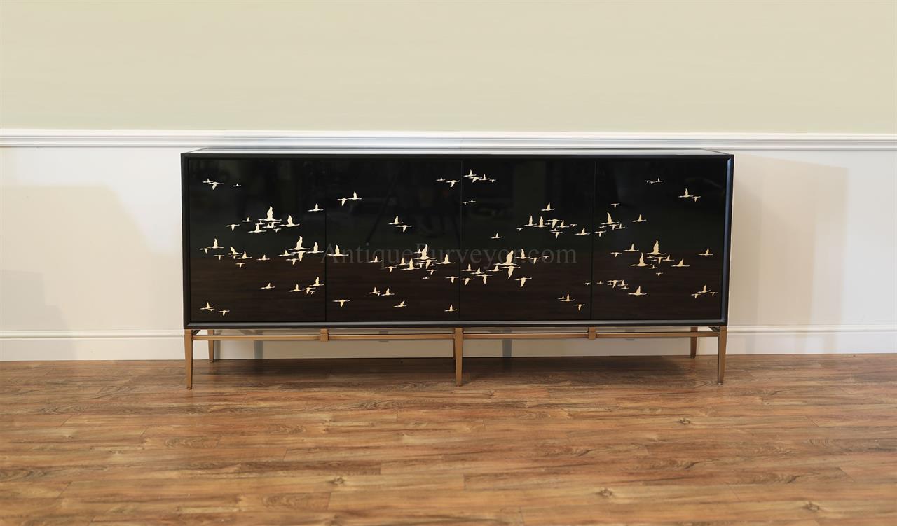 Black mirror side cabinet with gold hand-painted migrating geese