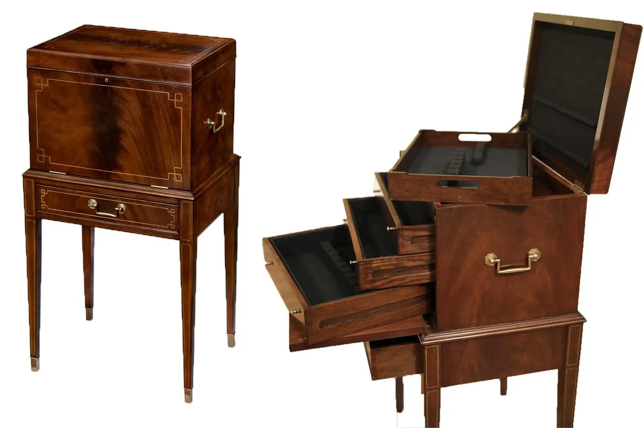 Mahogany silver chest, flatware cabinet, Hepplewhite antique reproduction