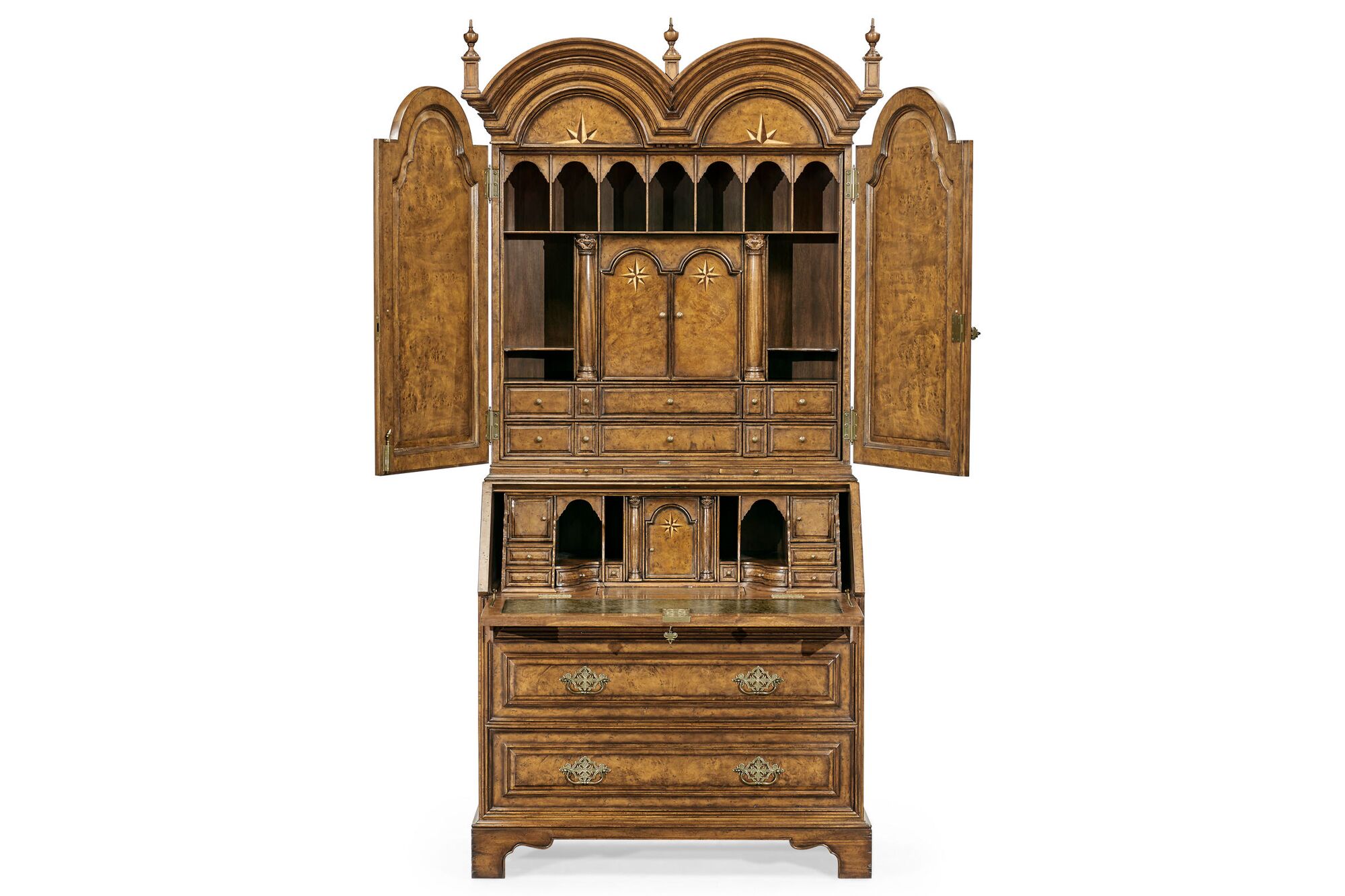 Queen Anne Secretary Desk Mirrored Door Cabinet and Leather Inset Panels