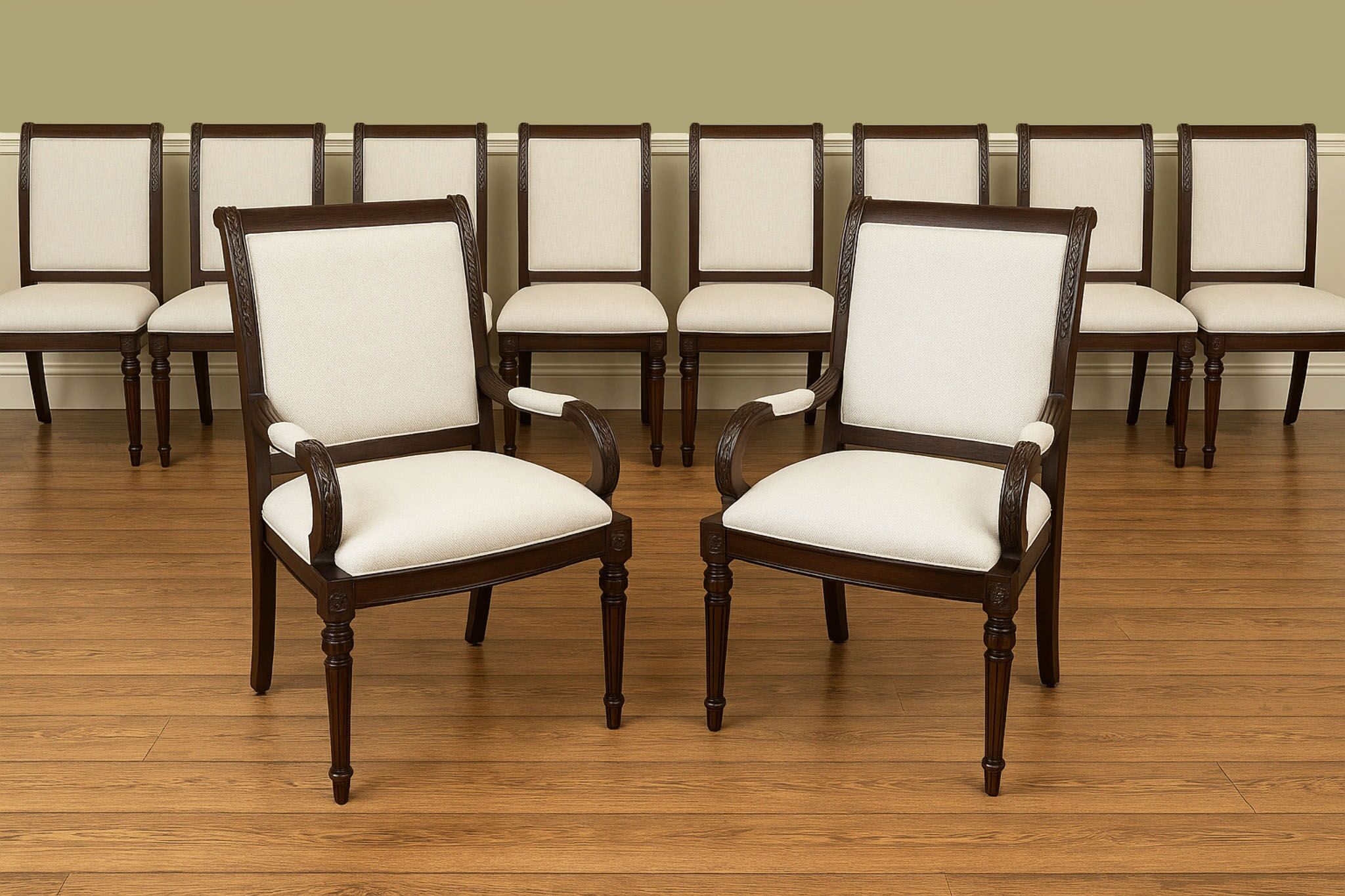 Set of 10 Solid Mahogany Louis XVI Dining Chairs with Neutral Crypton Fabric an AP Exclusive by AntiquePurveyor