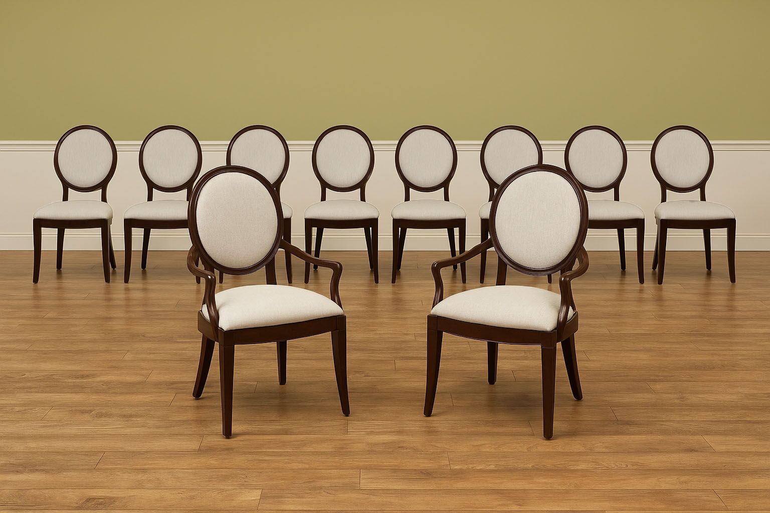 Set of 10 Solid Mahogany Modern Round Back Dining Chairs with Neutral Crypton Fabric an AP Exclusive by AntiquePurveyor