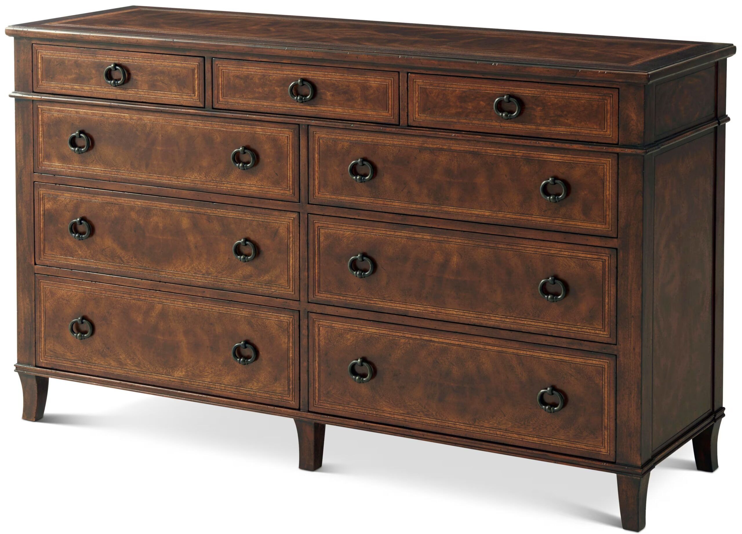 Cerejeira veneered dresser with khaya and nine drawers on splayed legs