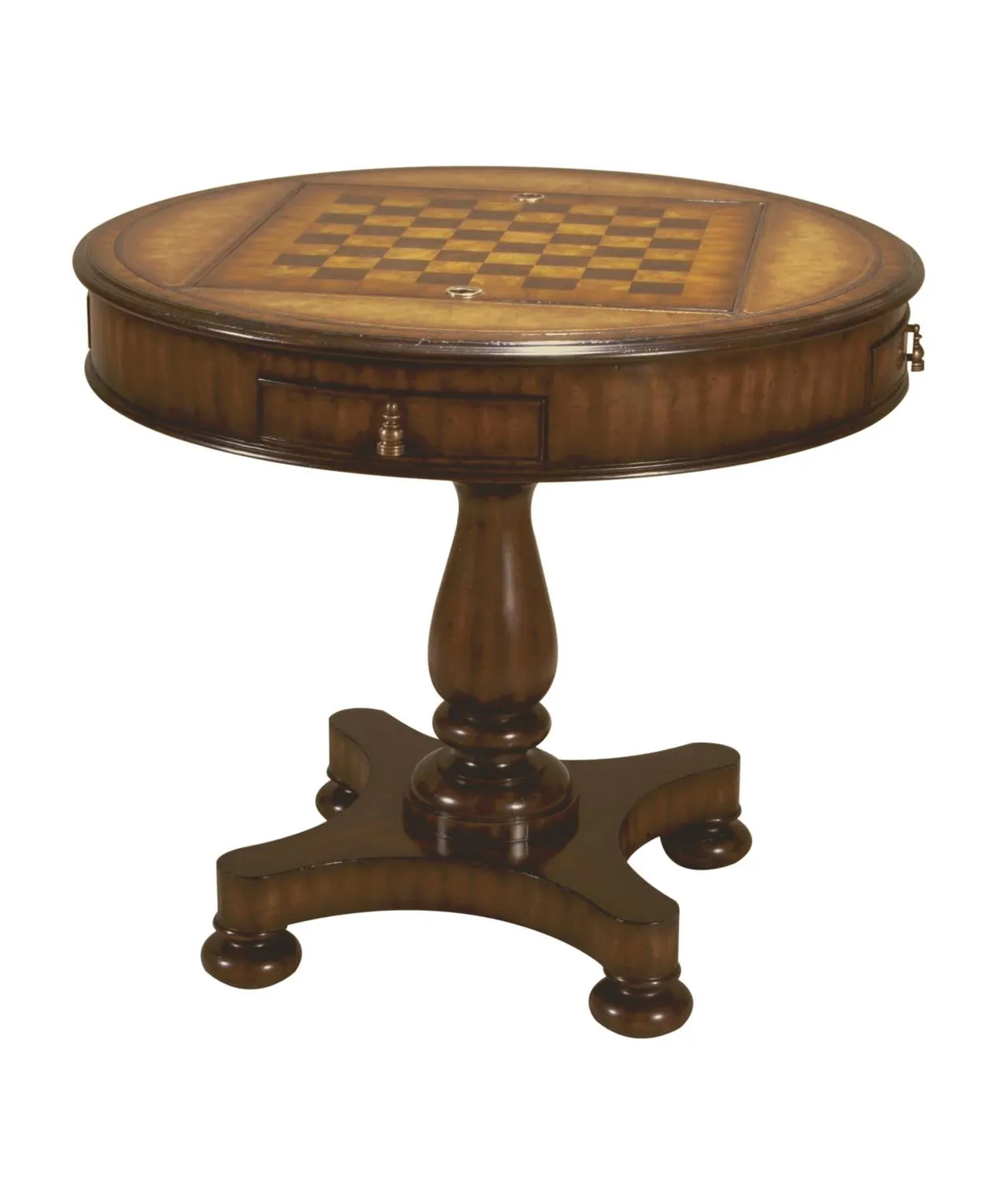 Maitland Smith Furniture round mahogany game table. Board flips for chess or backgammon board.