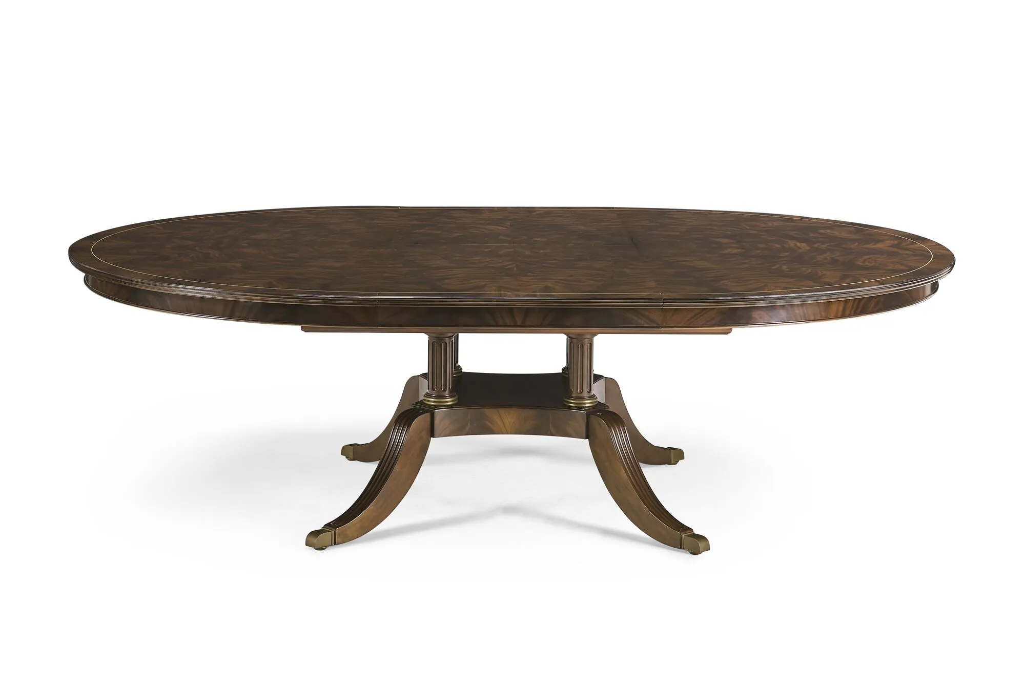 72-inch round dining table seats 8 to 12 People with self-storing leaf with modern dark walnut finish an AP Exclusive by AntiquePurveyor
