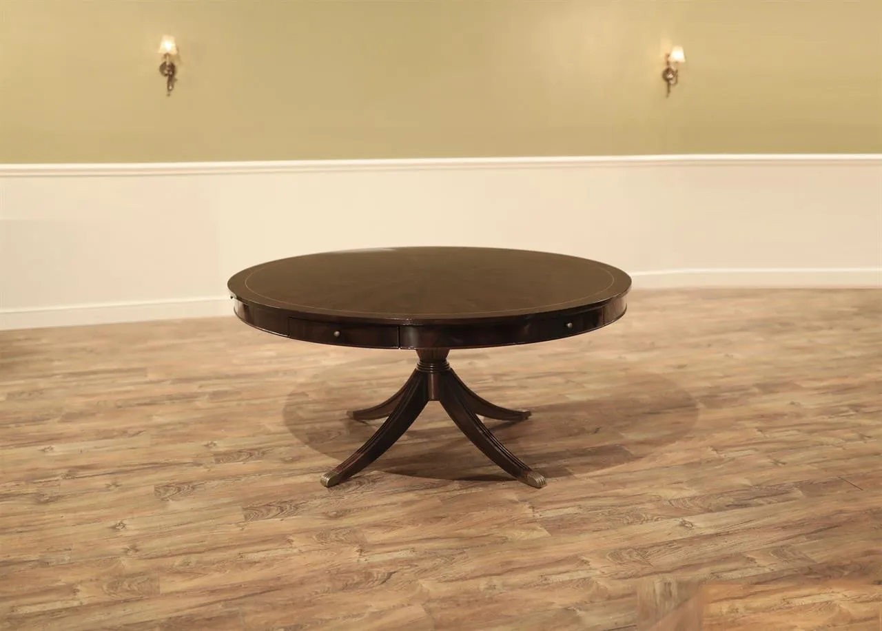 62-inch round pedestal dining table with dark walnut finish. Transitional Duncan Phyfe dining table an AP Exclusive by AntiquePurveyor