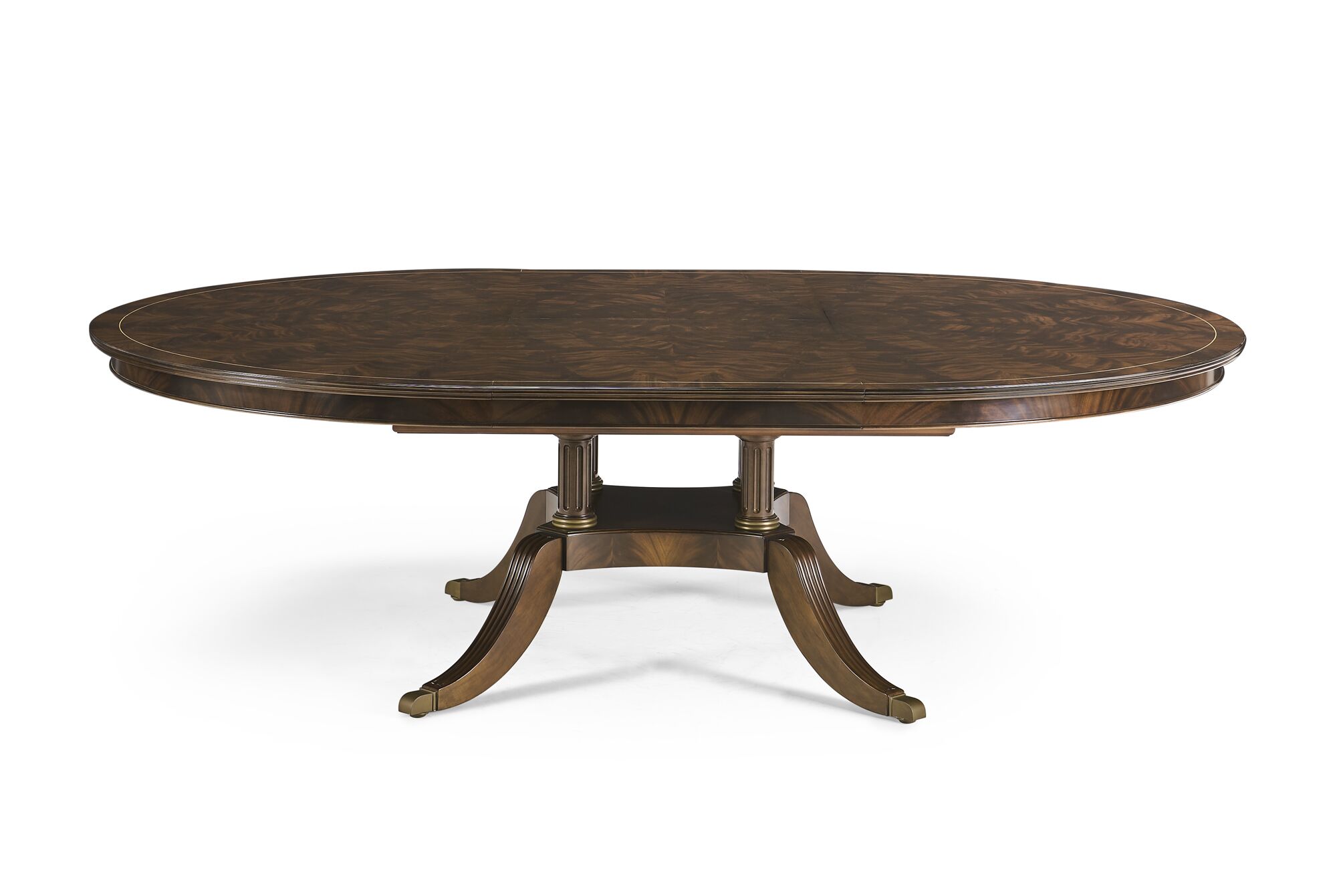 72-inch round dining table seats 8 to 12 People with self-storing leaf with modern dark walnut finish an AP Exclusive by AntiquePurveyor