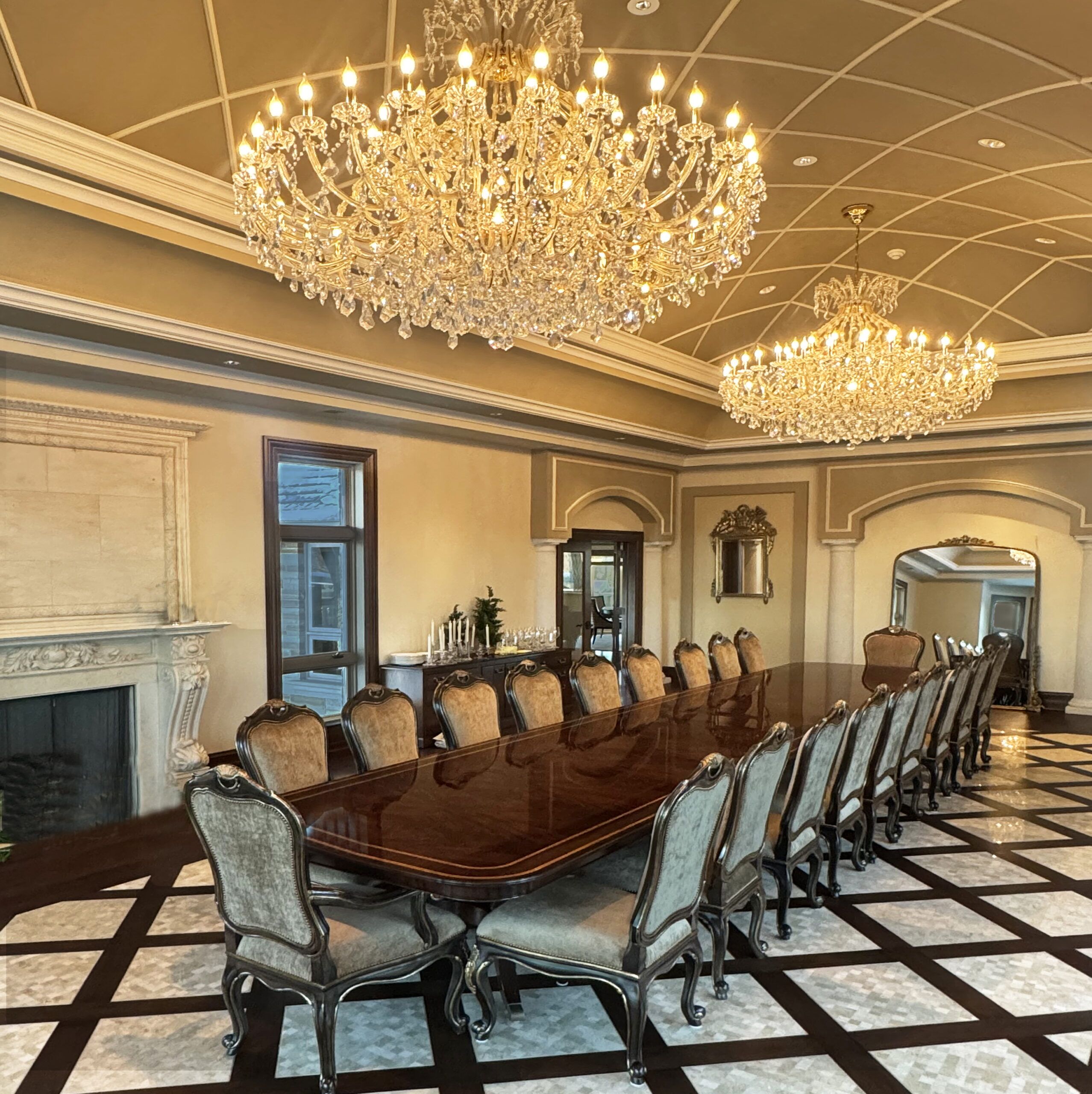 Custom 20-foot mahogany dining table. Multi-banded and inlaid mahogany dining table an AP Exclusive by AntiquePurveyor