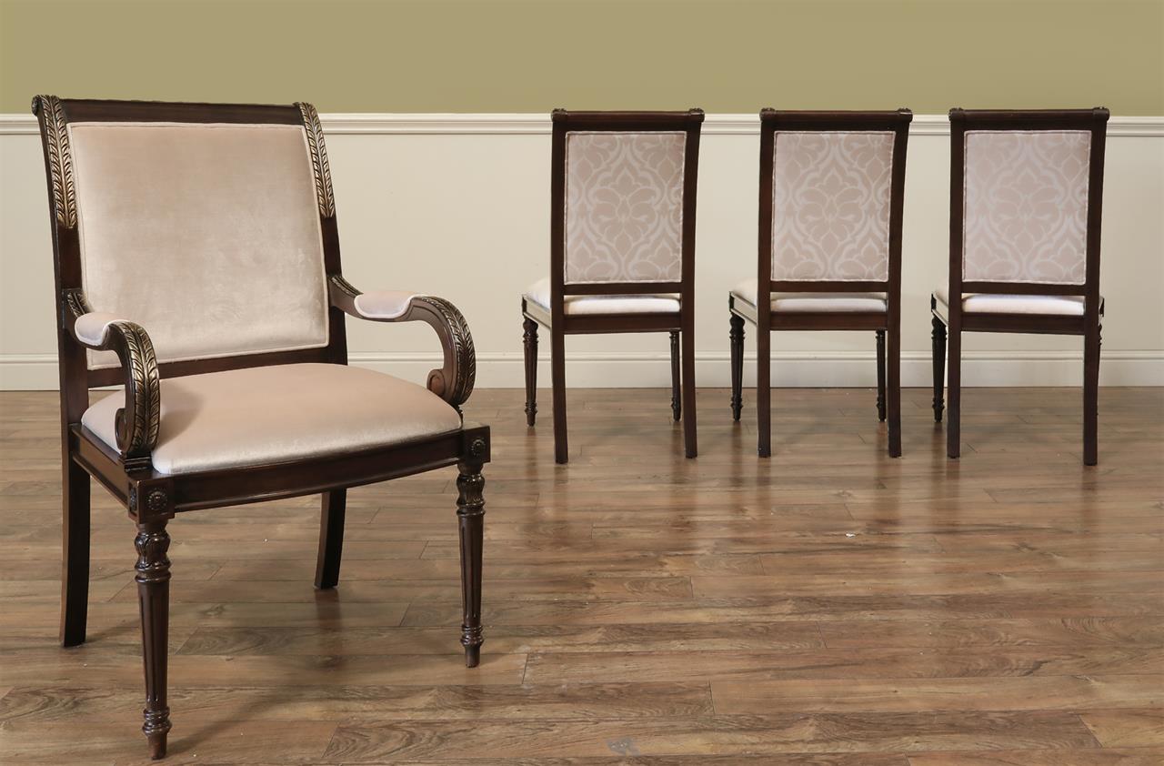 French style fully upholstered solid mahogany dining chairs with engineered neutral fabric. an AP Exclusive by AntiquePurveyor