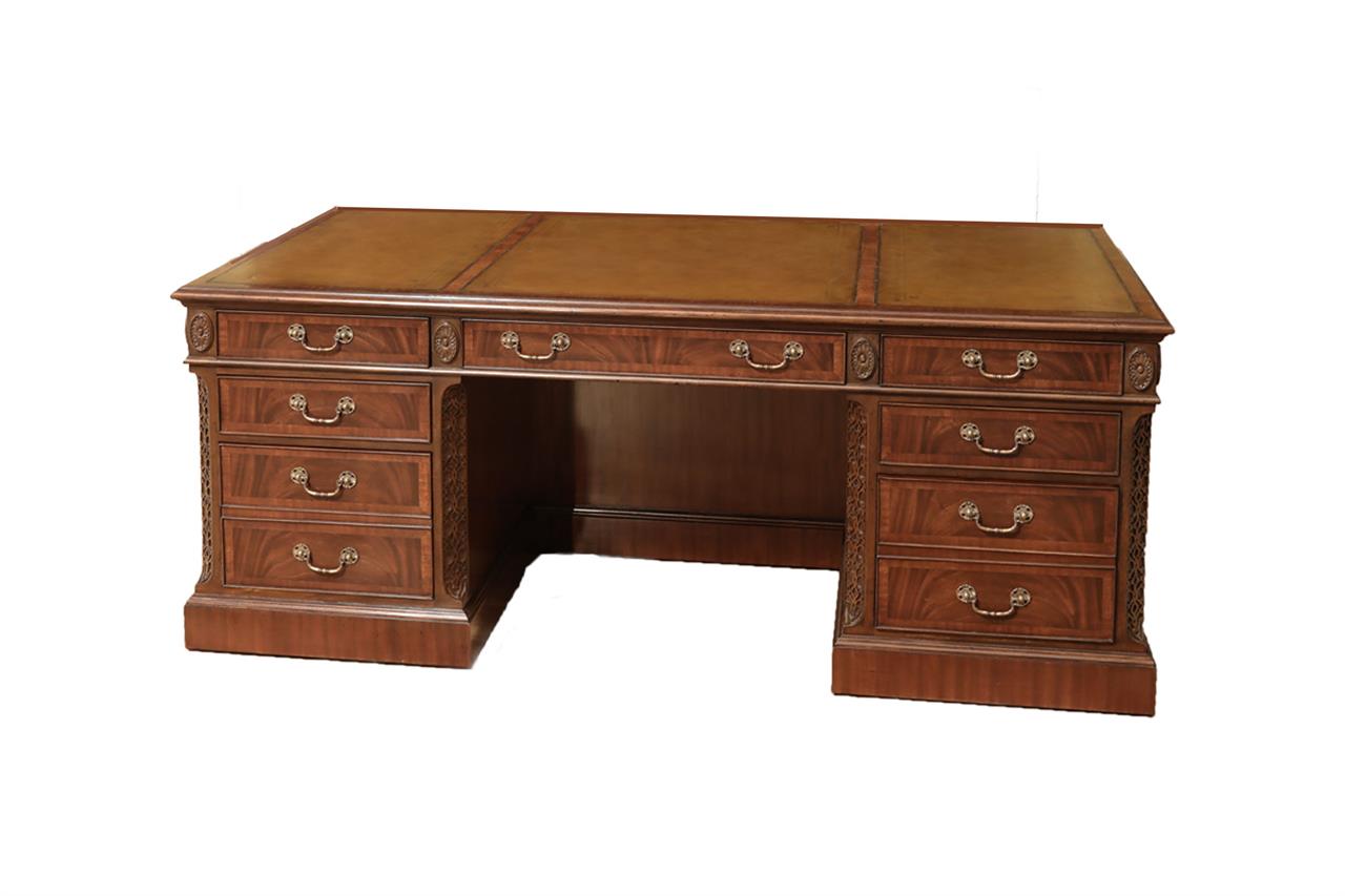 Leather top desk, high-end reproduction anitique leather top desk. Pedestal desk with privacy panel.