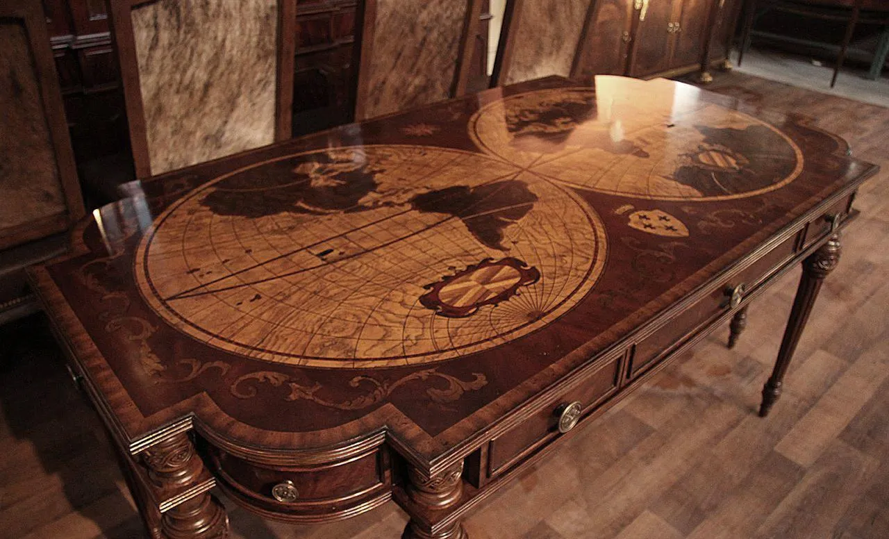 Nautical world map, globe and fleur de lis inlaid mahogany and walnut writing desk