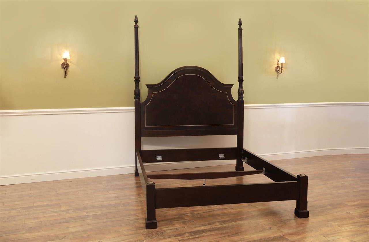 Queen poster bed for traditional bedroom. Queen bed frame in modern dark walnut finish. an AP Exclusive by AntiquePurveyor