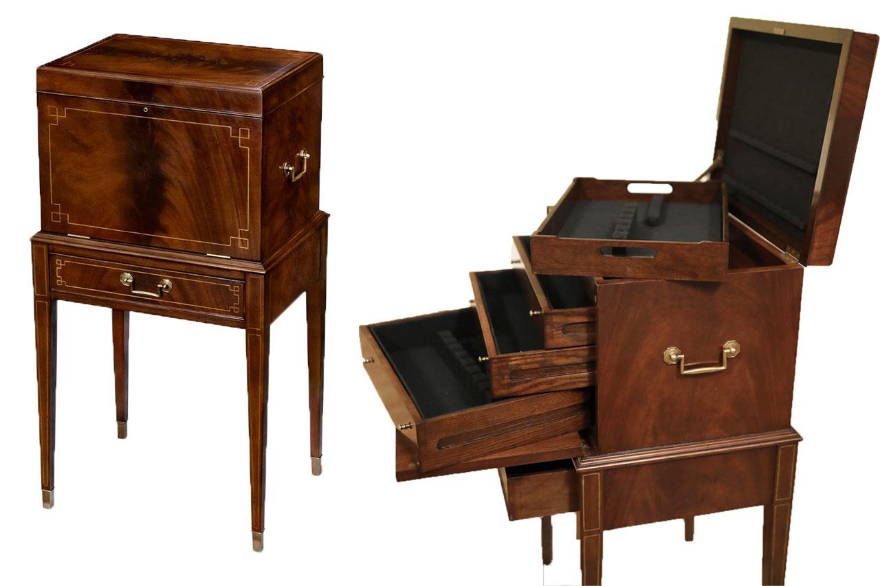Mahogany silver chest, flatware cabinet, Hepplewhite antique reproduction