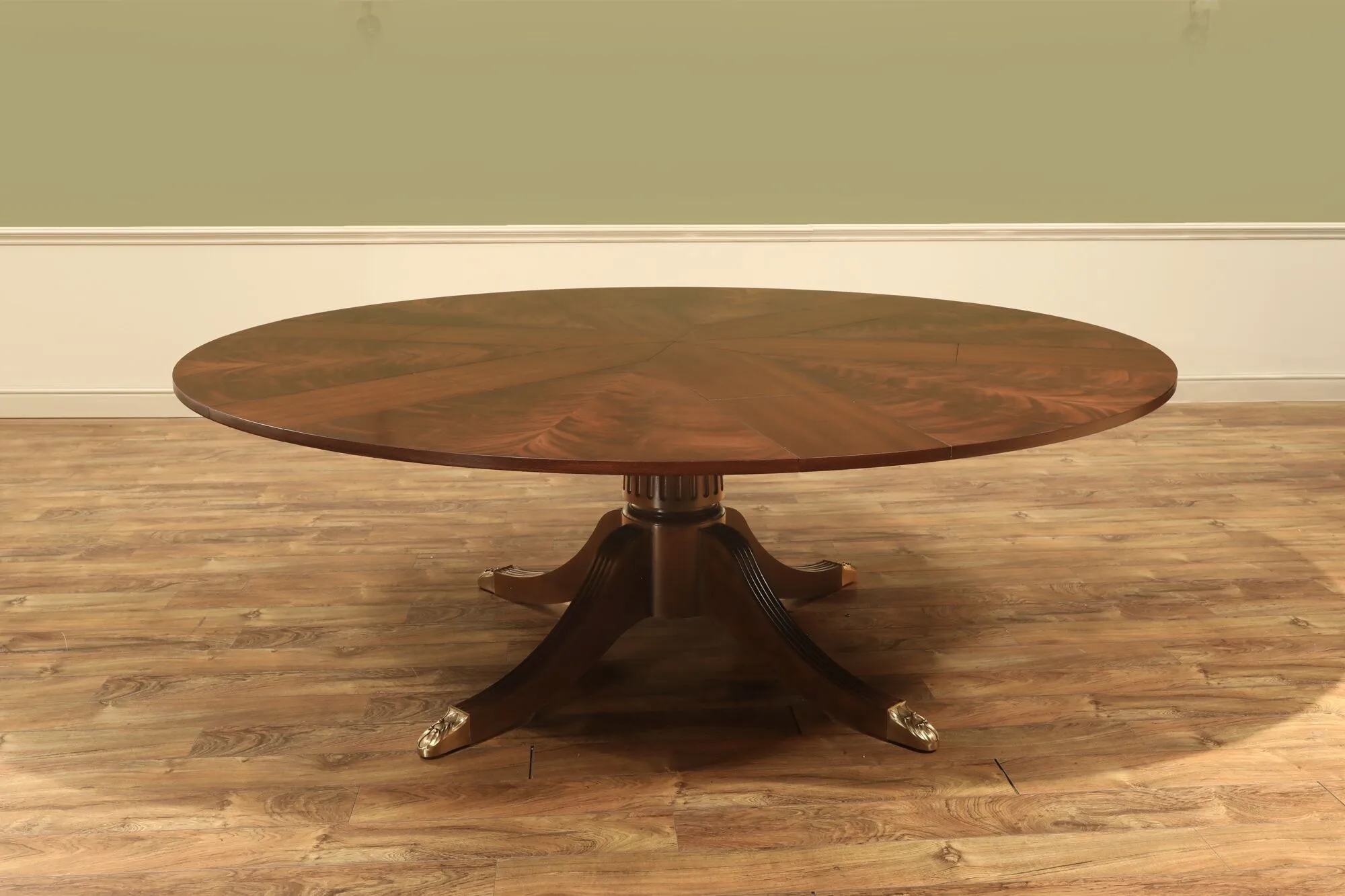 Expandable Round Dining Table, Mahogany Jupe Table w Self-Storing Leaves an AP Exclusive by AntiquePurveyor