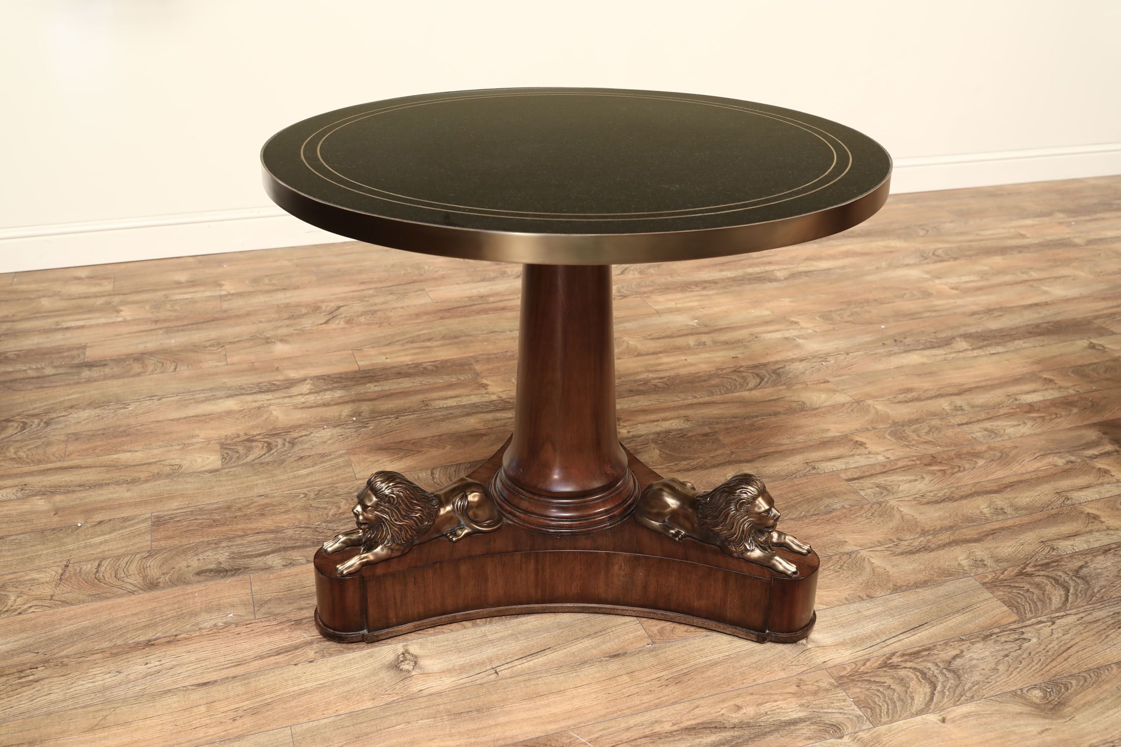 Transitional center table, 39” Round black and brass lion pedestal table for foyer