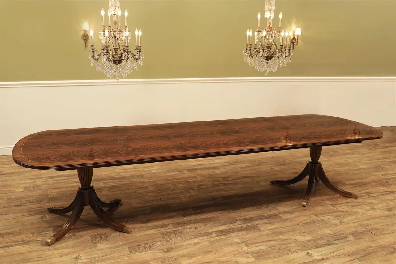 12 foot double pedestal dining table seats 14 people. Long-grain dining table with a minimalistic recessed apron. an AP Exclusive by AntiquePurveyor