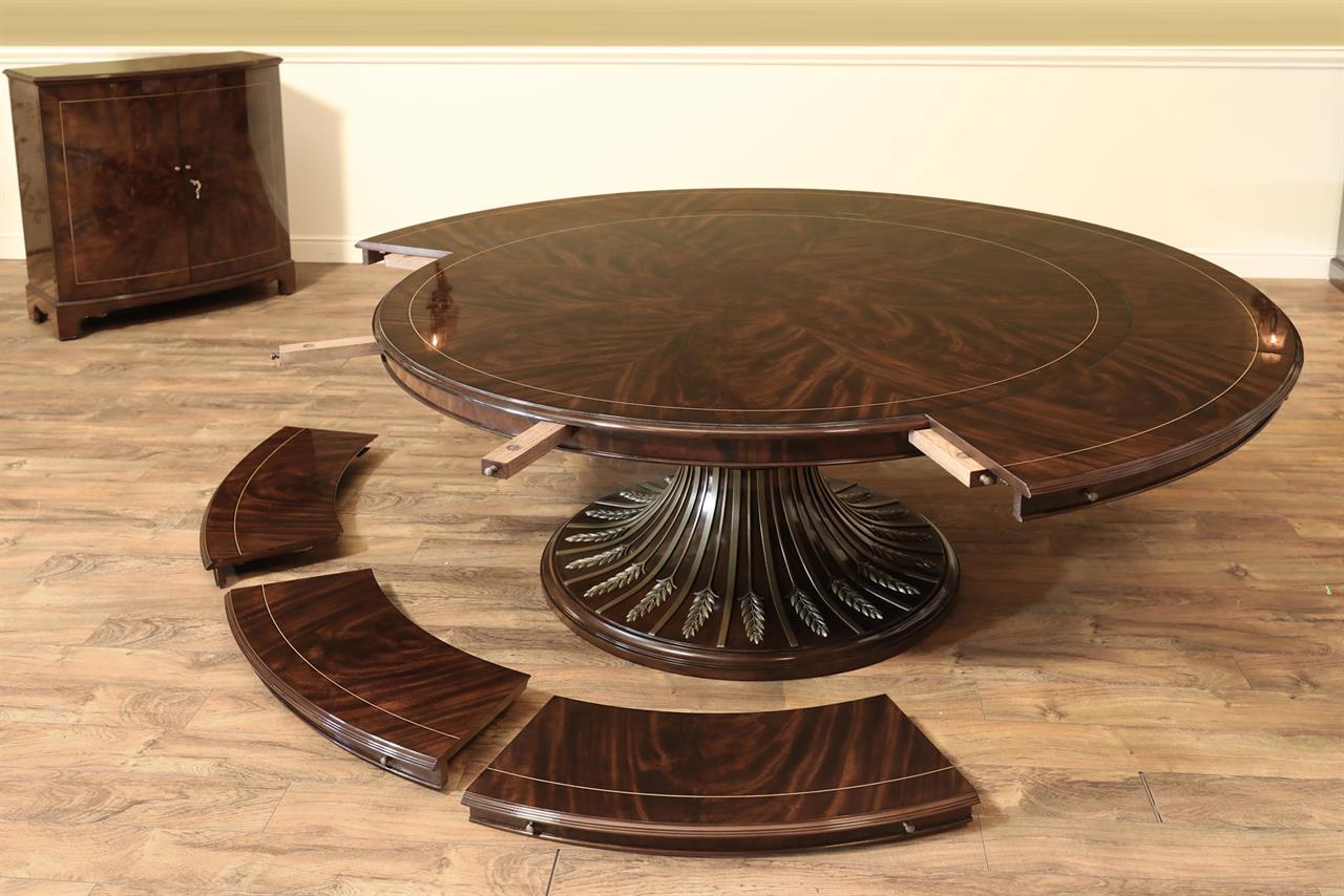 Modern/transitional round extendable dining pedestal table with dark mahogany wood finish an AP Exclusive by AntiquePurveyor