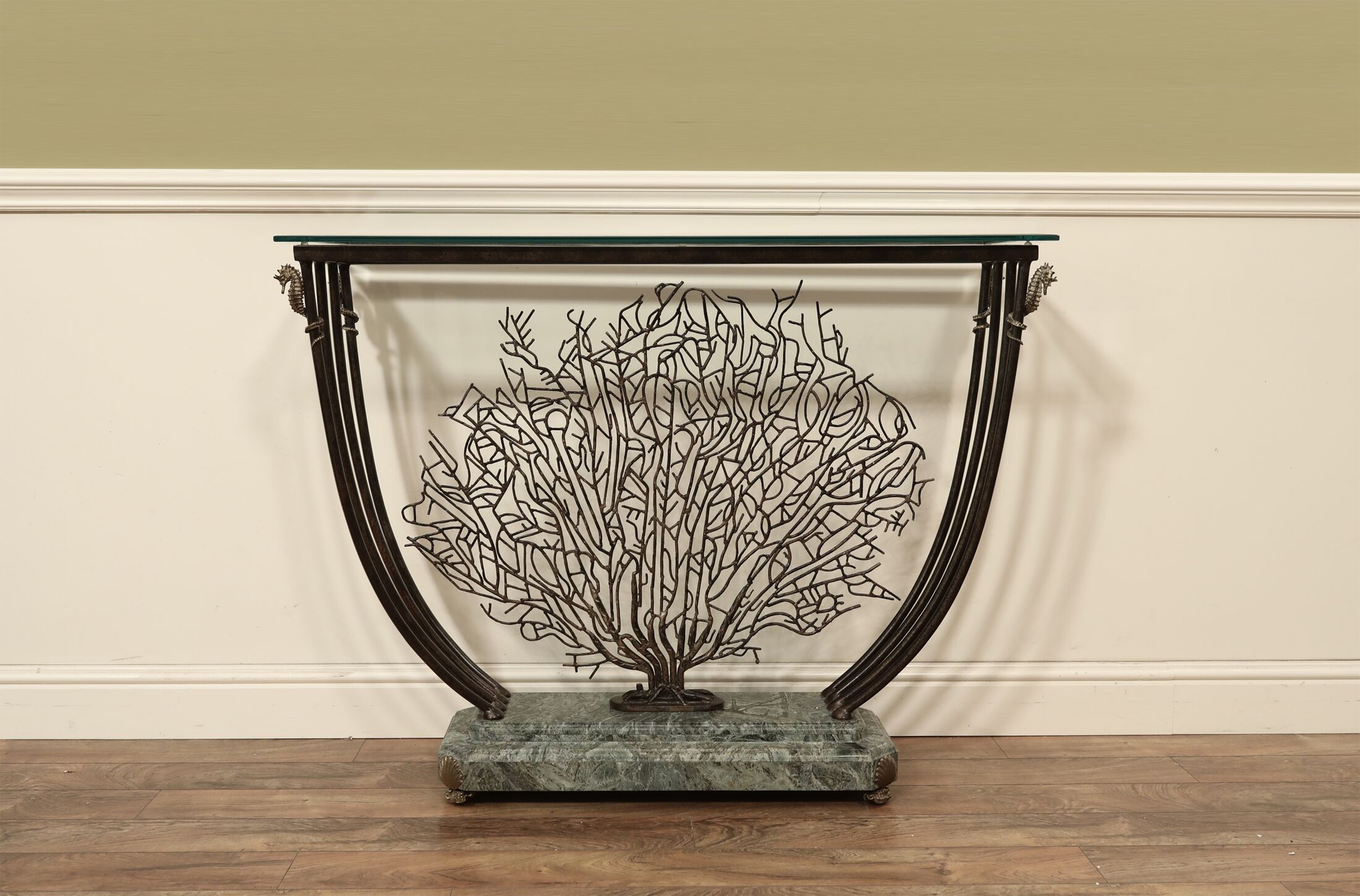 Marble and glass coral console table with sea fan, seahorse and seashell feet