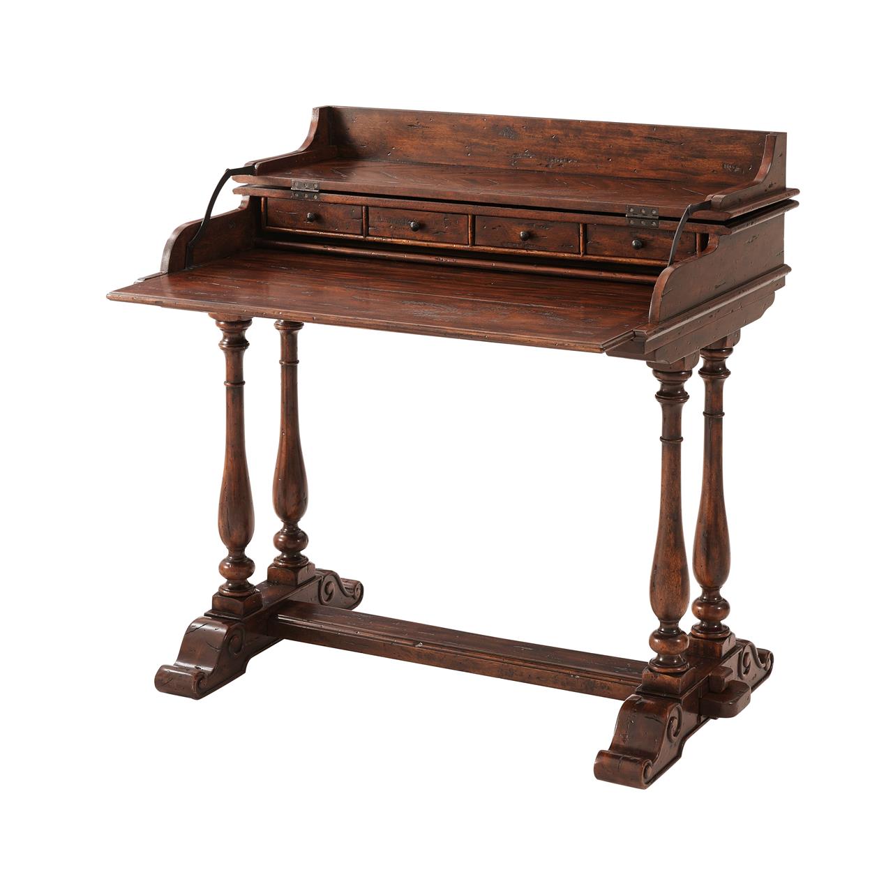 Victorian campaign desk with hinged cover. High-end antique reproduction writing desk with factory distressed finish