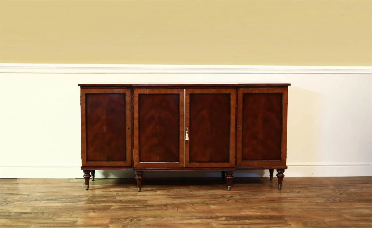 Simple Sheraton sideboard or credenza. Satinwood banded mahogany top, raised door panels