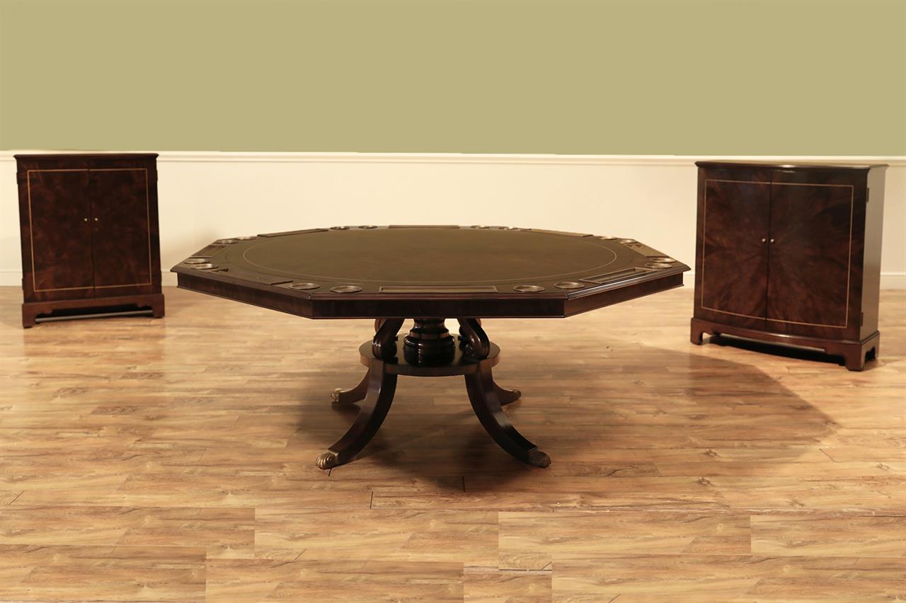 Round mahogany dining room table and gaming table with leaf storage cabinets