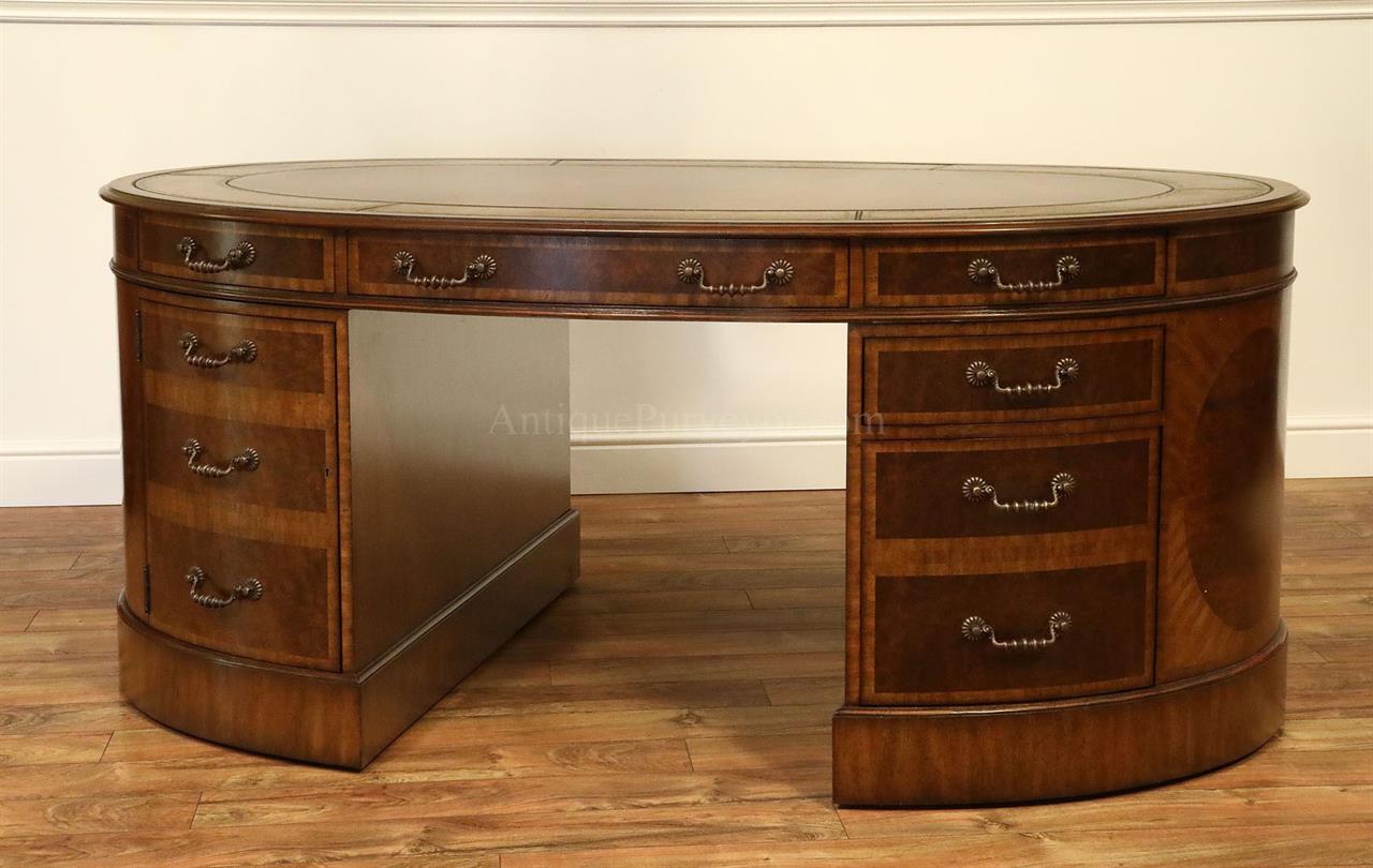 Mahogany and Walnut Traditional Oval Leather Top Partners Desk