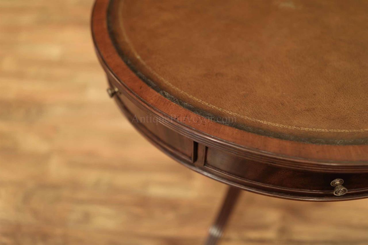 Round Mahogany Drum Table With Leather Top, Leather Top Drum Table