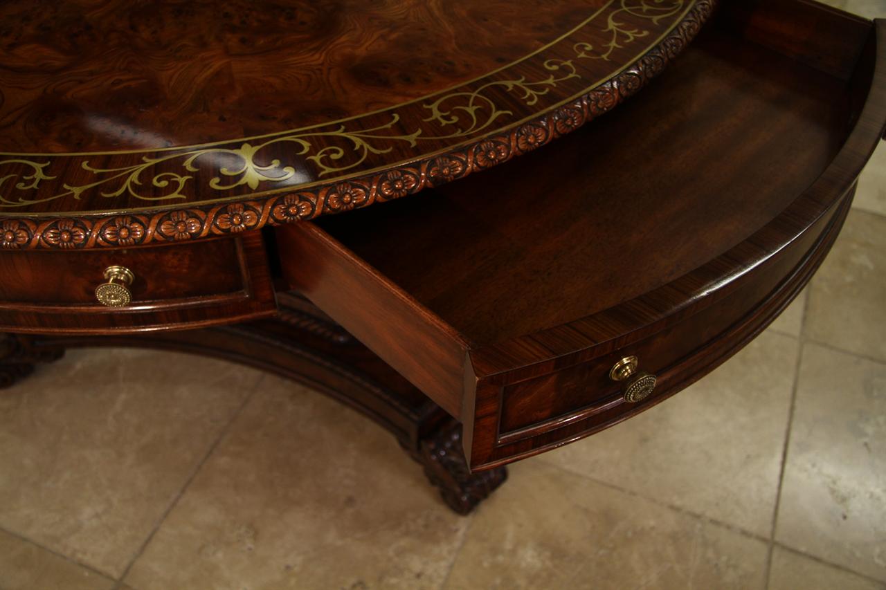Mahogany Center Table with Elm Burl and Brass Floral Inlay