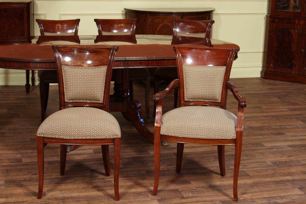 Upholstered dining chairs made from solid mahogany shown with diamond print fabric