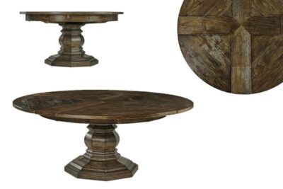 59 to 74 inch round expanding dining table with self-storing leaves. Round pedestal dining table or kitchen table.