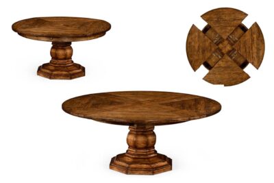 59 to 74 inch round to round county style table with factory distressing and hidden leaves. Round pedestal dining table or kitchen table.