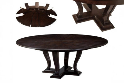 64 to 84 Round Transitional Ebonized Oak Jupe Table With Self-Storing Leaves Seats 6-10 People