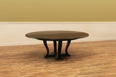 64 to 84 Round Transitional Ebonized Oak Jupe Table With Self-Storing Leaves Seats 6-10 People