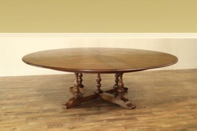 80 to 102 Oversized Walnut Planked Jupe Table with Self-Storing Leaves Seats 8-12 People