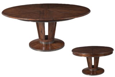 Medium 55 to 70 inch round to round Jupe dining table with antiqued stainless trim