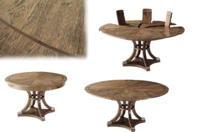 Transitional 48-64 inch round to round expanding oak jupe table. Expandable round dining table with self storing leaves seats 4 to 7 people.