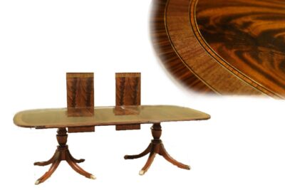 12 Foot Inlaid Mahogany Dining Table With Leaves. Brown Mahogany Finish With Dark Satinwood Banding.
