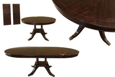 54 inch round to 90 inch oval mahogany dining table, with two leaves seats 4 to 8 people. Dark wood finish an AP Exclusive by AntiquePurveyor