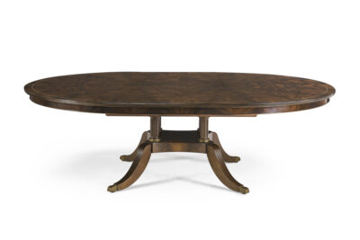 72-inch round dining table seats 8 to 12 People with self-storing leaf with modern dark walnut finish an AP Exclusive by AntiquePurveyor