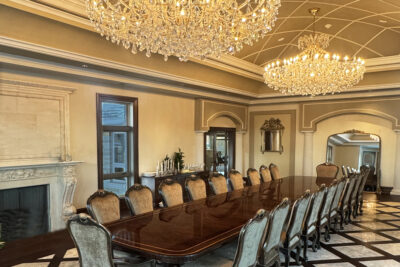 Custom 20-foot mahogany dining table. Multi-banded and inlaid mahogany dining table an AP Exclusive by AntiquePurveyor