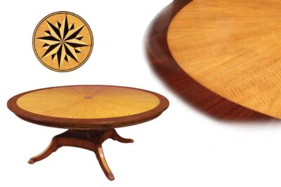 Custom American made 84 inch round satinwood and mahogany inlaid dining table