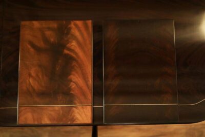 Mahogany and walnut finish samples, table models with edging and finish details an AP Exclusive by AntiquePurveyor