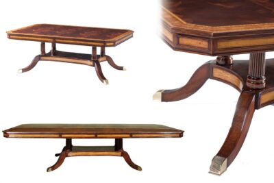 Extra large and wide mahogany dining table with self storing leaves and extra sturdy platform base.